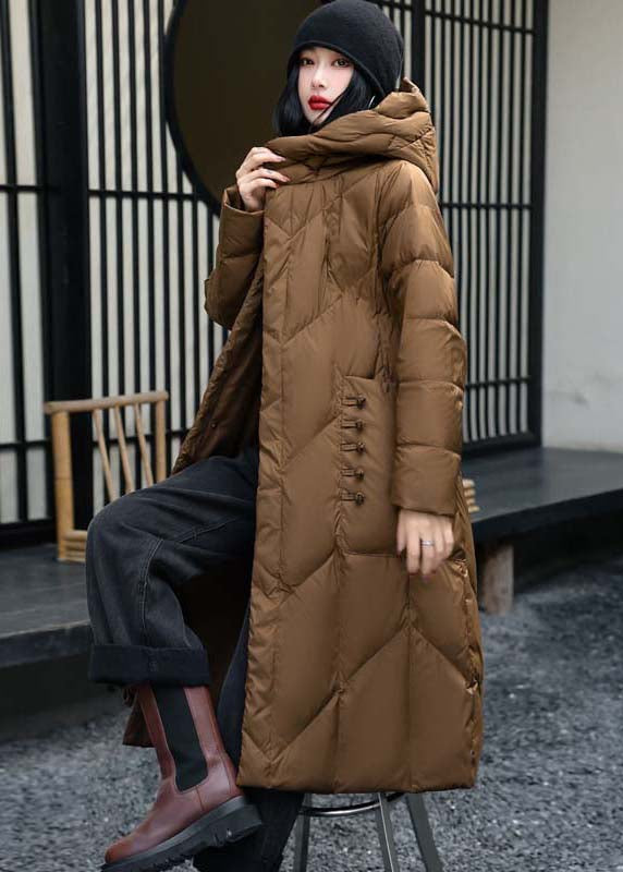 Coffee Zippered Pockets Duck Down Down Long Coat Hooded
