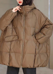 Coffee Zippered Pockets Patchwork Hooded Parka Winter