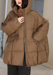 Coffee Zippered Pockets Patchwork Hooded Parka Winter