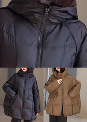 Coffee Zippered Pockets Patchwork Hooded Parka Winter