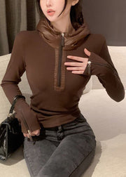 Coffee Zippered Solid Patchwork Cotton Winter Shirt Hooded