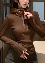 Coffee Zippered Solid Patchwork Cotton Winter Shirt Hooded