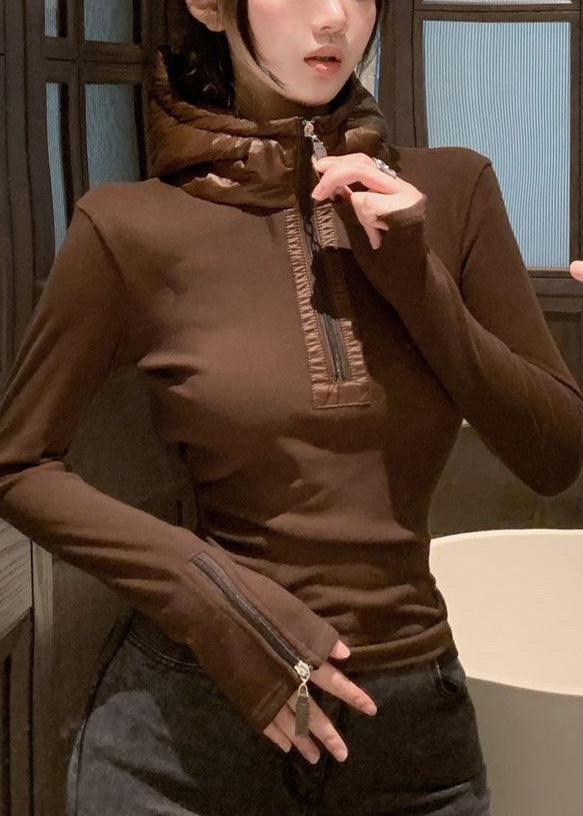 Coffee Zippered Solid Patchwork Cotton Winter Shirt Hooded