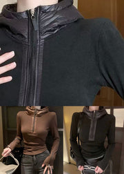 Coffee Zippered Solid Patchwork Cotton Winter Shirt Hooded