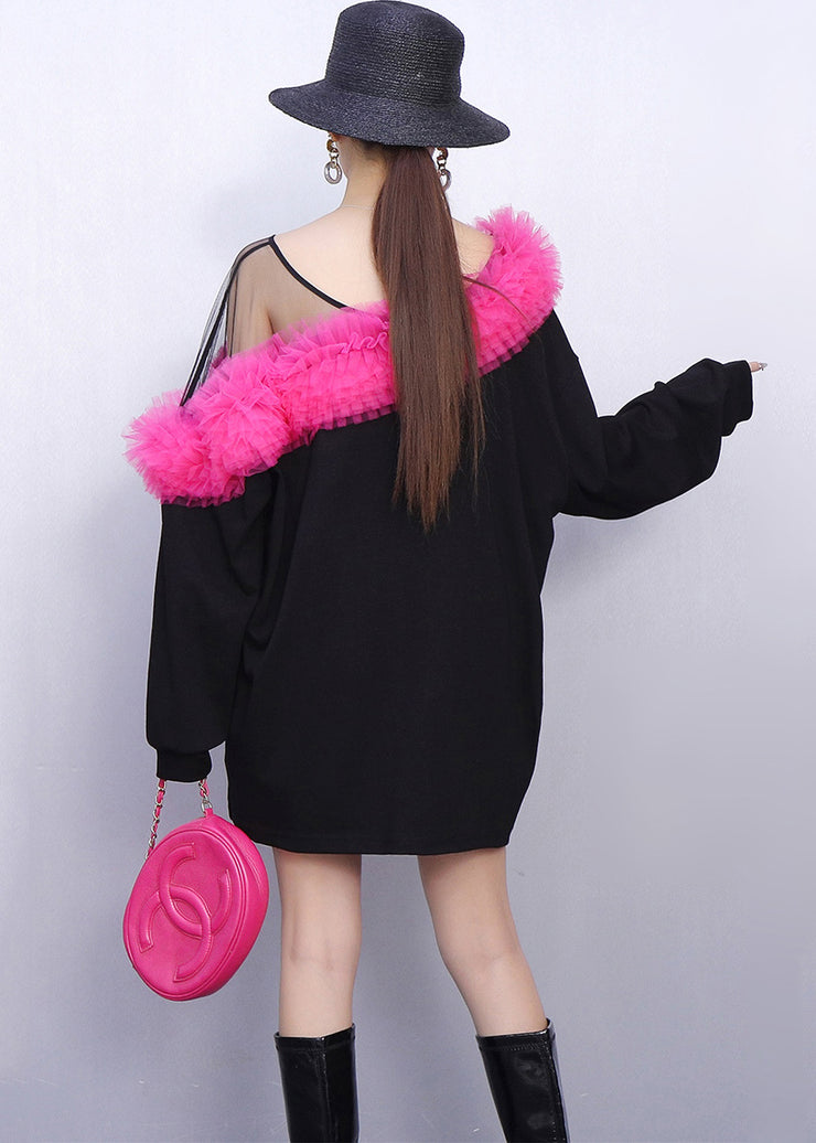 Colorblock Patchwork Cotton Mini Dress One Shoulder Spring