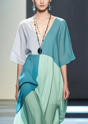 Colorblock Patchwork Cotton Robe Dresses Asymmetrical Design Summer
