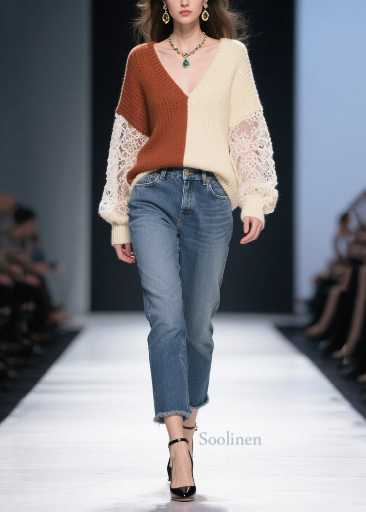 Colorblock Patchwork Lace Knit Pullover Asymmetrical Design Fall