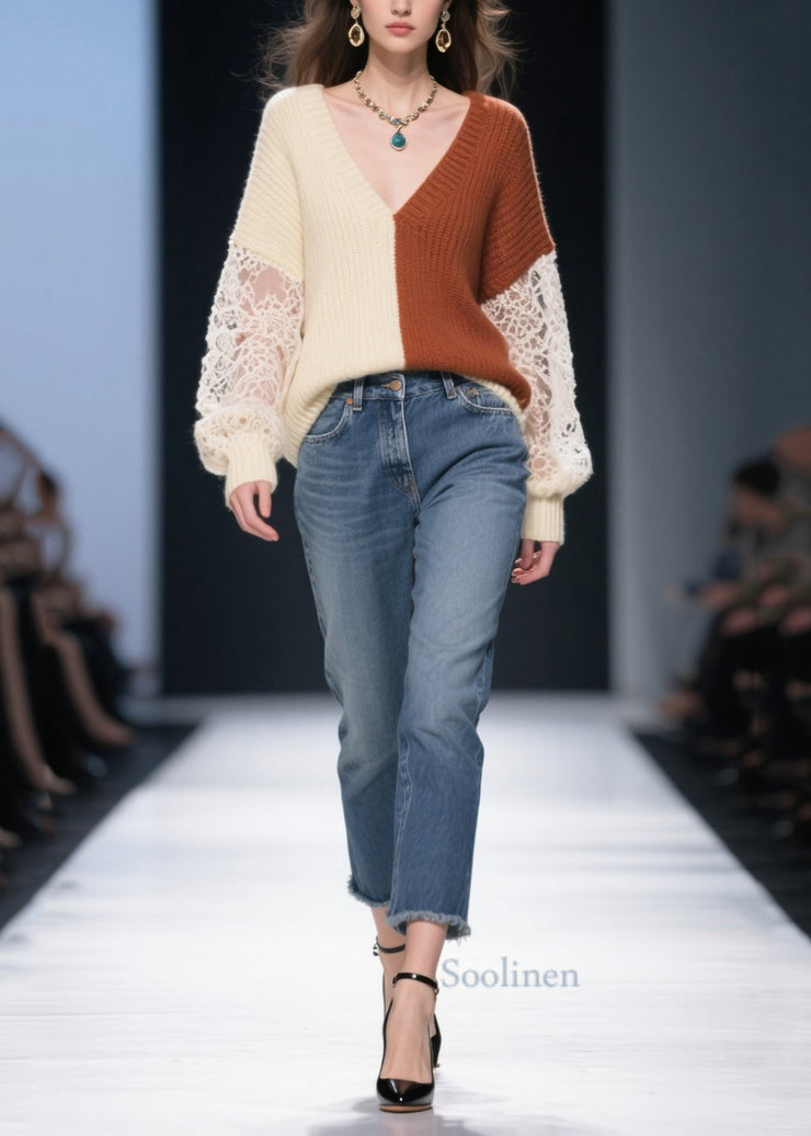 Colorblock Patchwork Lace Knit Pullover Asymmetrical Design Fall