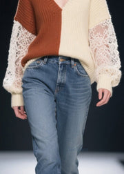 Colorblock Patchwork Lace Knit Pullover Asymmetrical Design Fall