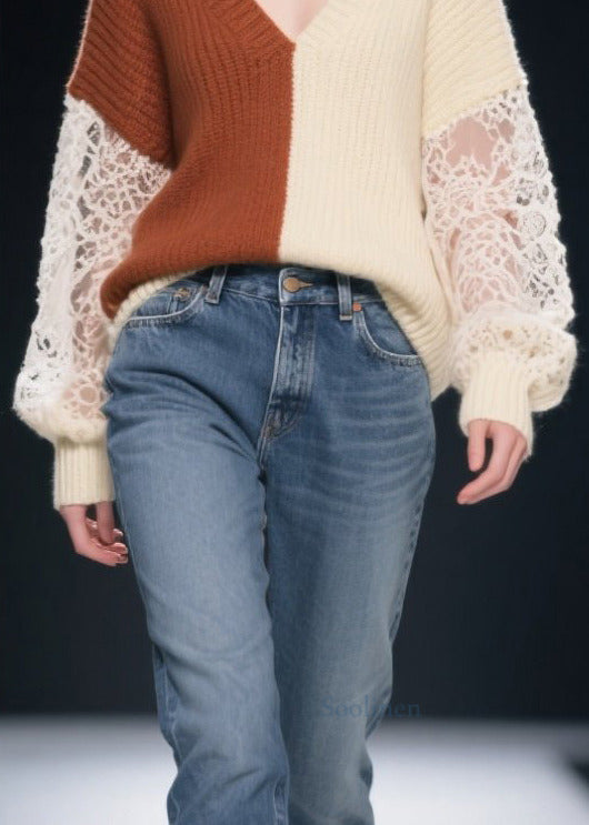 Colorblock Patchwork Lace Knit Pullover Asymmetrical Design Fall