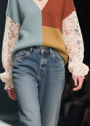 Colorblock Patchwork Lace Knit Tops Hollow Out Fall