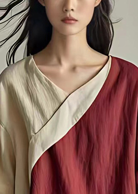 Colorblock Patchwork Linen Shirt V Neck Asymmetrical Summer