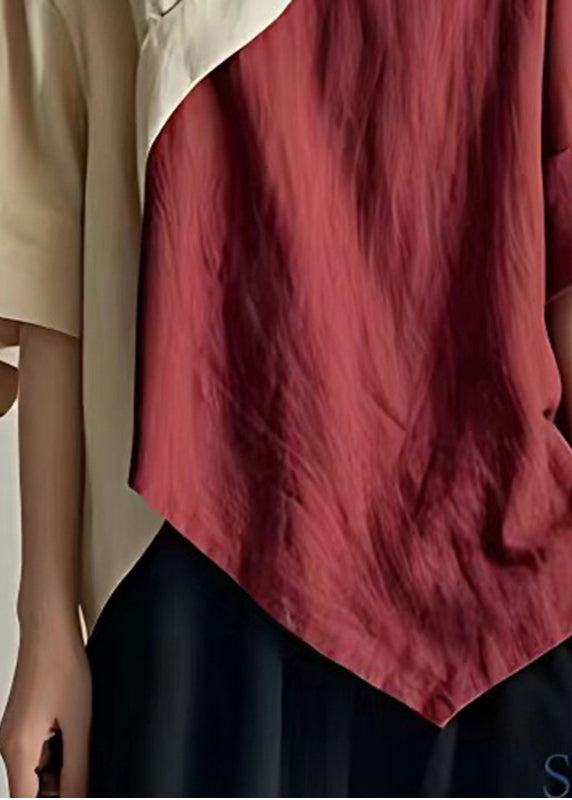Colorblock Patchwork Linen Shirt V Neck Asymmetrical Summer
