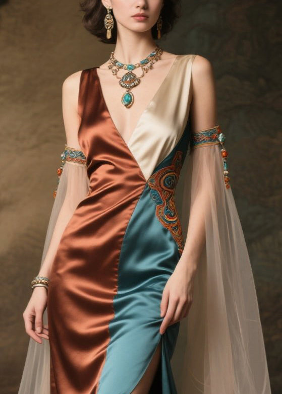Colorblock Patchwork Silk Evening Dresses Asymmetrical Side Open Summer