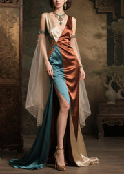 Colorblock Patchwork Silk Evening Dresses Asymmetrical Side Open Summer