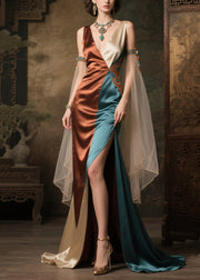 Colorblock Patchwork Silk Evening Dresses Asymmetrical Side Open Summer