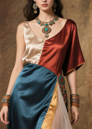 Colorblock Patchwork Silk Long Dress Asymmetrical Design Summer