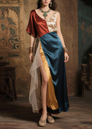 Colorblock Patchwork Silk Long Dress Asymmetrical Design Summer