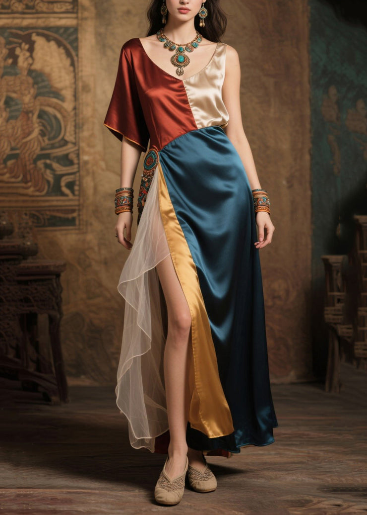 Colorblock Patchwork Silk Long Dress Asymmetrical Design Summer