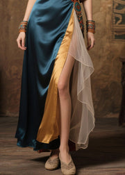 Colorblock Patchwork Silk Long Dress Asymmetrical Design Summer