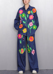 Colorful Floral Navy Button Shirts And Pants Denim Two Pieces Set Fall