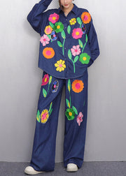 Colorful Floral Navy Button Shirts And Pants Denim Two Pieces Set Fall