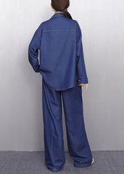 Colorful Floral Navy Button Shirts And Pants Denim Two Pieces Set Fall