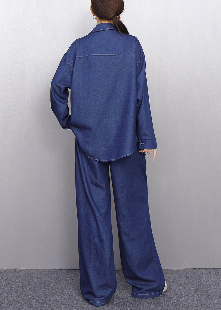Colorful Floral Navy Button Shirts And Pants Denim Two Pieces Set Fall