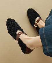 Comfortable Fuzzy Wool Lined Splicing Flats Brown Buckle Strap