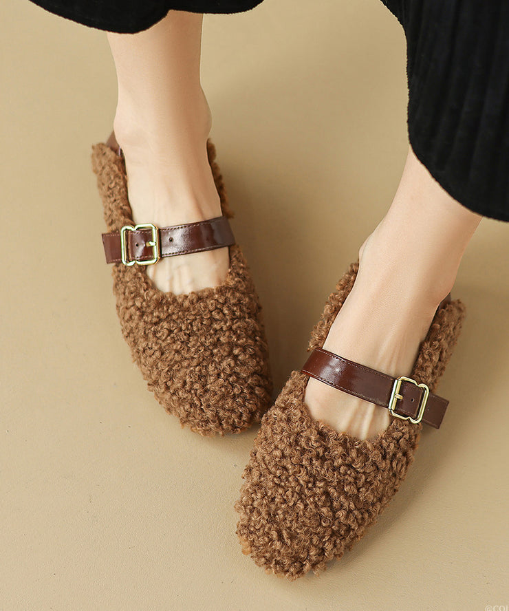 Comfortable Fuzzy Wool Lined Splicing Flats Brown Buckle Strap