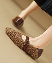 Comfortable Fuzzy Wool Lined Splicing Flats Brown Buckle Strap