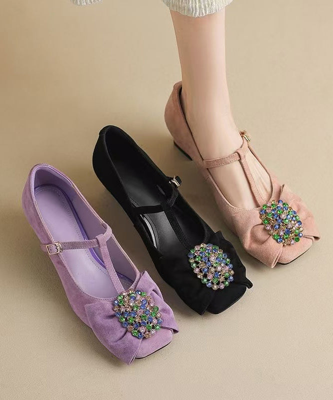 Comfortable Splicing Bow Chunky Heel Purple Suede Buckle Strap