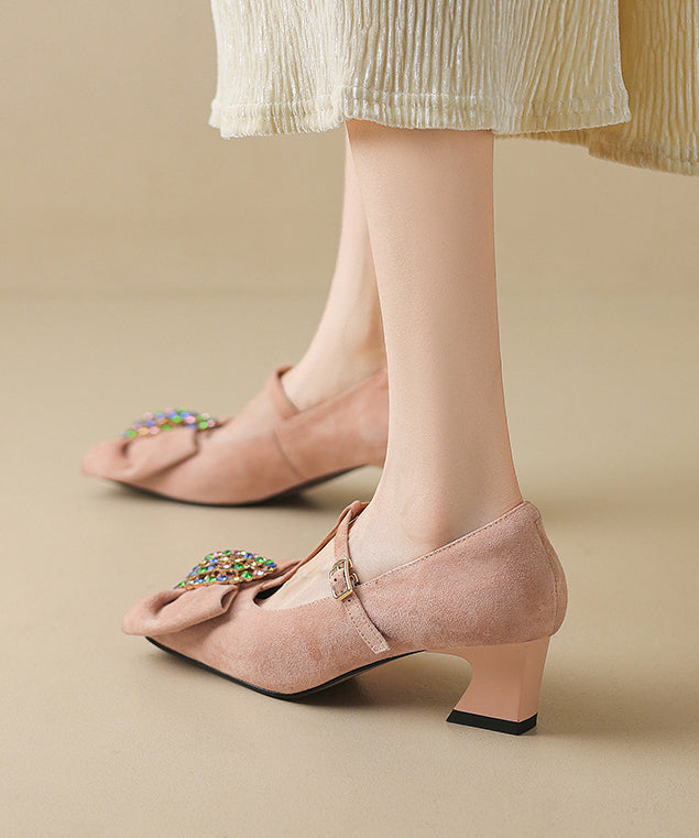 Comfortable Splicing Bow Chunky Heel Purple Suede Buckle Strap