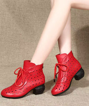 Comfortable Splicing Chunky Boots Red Cowhide Leather Hollow Out Lace Up