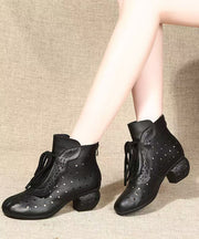 Comfortable Splicing Chunky Boots Red Cowhide Leather Hollow Out Lace Up