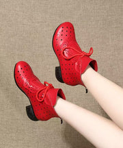 Comfortable Splicing Chunky Boots Red Cowhide Leather Hollow Out Lace Up