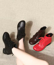 Comfortable Splicing Chunky Boots Red Cowhide Leather Hollow Out Lace Up