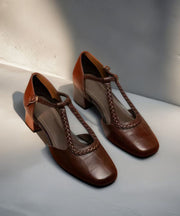 Comfortable Splicing Chunky Heels Brown Sheepskin