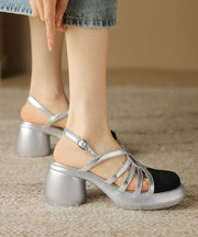 Comfortable Splicing Chunky Sandals Gold Hollow Out Cowhide Leather
