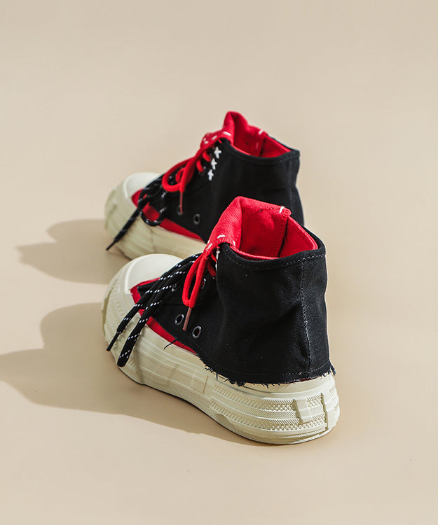 Comfortable Splicing Platform Flat Shoes Black Red Canvas Lace Up