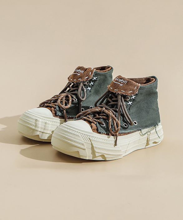 Comfortable Splicing Platform Flat Shoes Black Red Canvas Lace Up