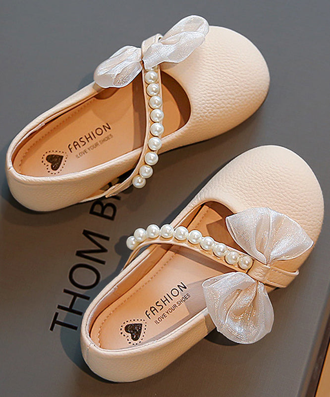 Comfy Beige Faux Leather Kids Girls Flats Bow Nail Bead Buckle Strap