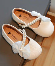 Comfy Beige Faux Leather Kids Girls Flats Bow Nail Bead Buckle Strap