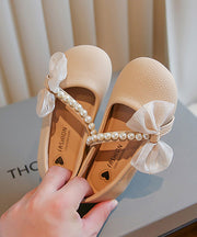 Comfy Beige Faux Leather Kids Girls Flats Bow Nail Bead Buckle Strap