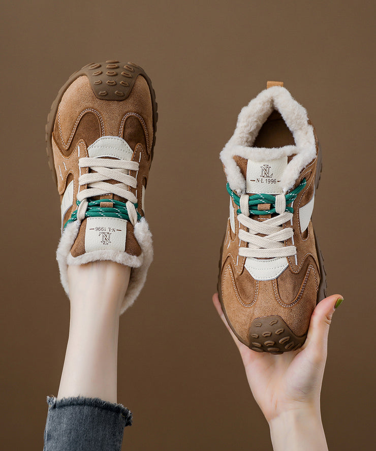 Comfy Lace Up Splicing Platform Flat Shoes Red Suede Thick Warm