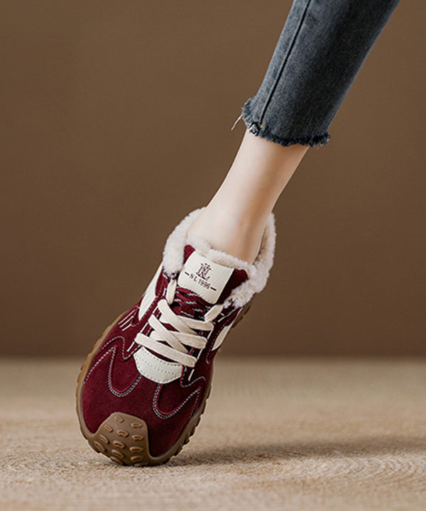 Comfy Lace Up Splicing Platform Flat Shoes Red Suede Thick Warm