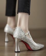 Comfy Splicing High Heels Pointed Toe Silver Cowhide Leather Zircon