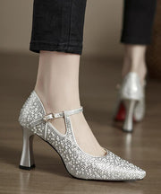 Comfy Splicing High Heels Pointed Toe Silver Cowhide Leather Zircon