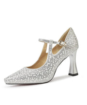 Comfy Splicing High Heels Pointed Toe Silver Cowhide Leather Zircon