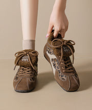 Comfy Splicing Platform Flat Shoes Leopard Suede Lace Up
